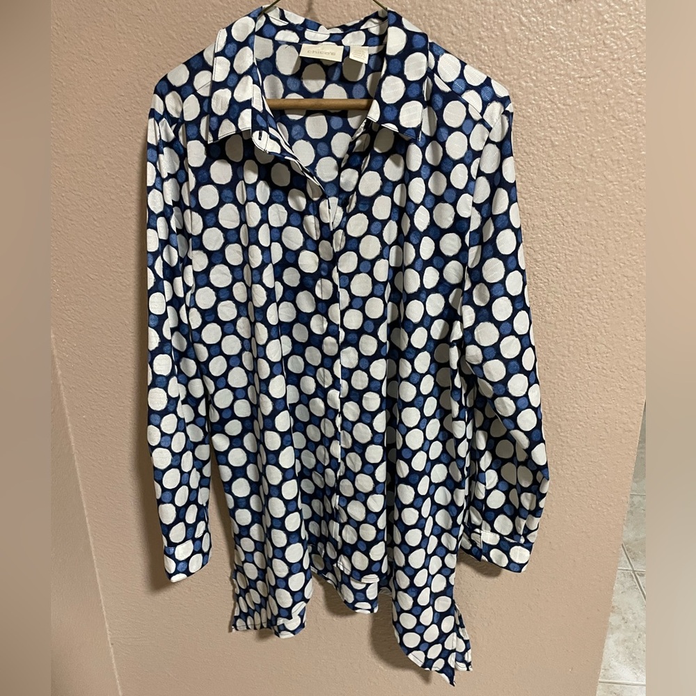 Chico's Polka Dot tunic Blouse in Blue and White